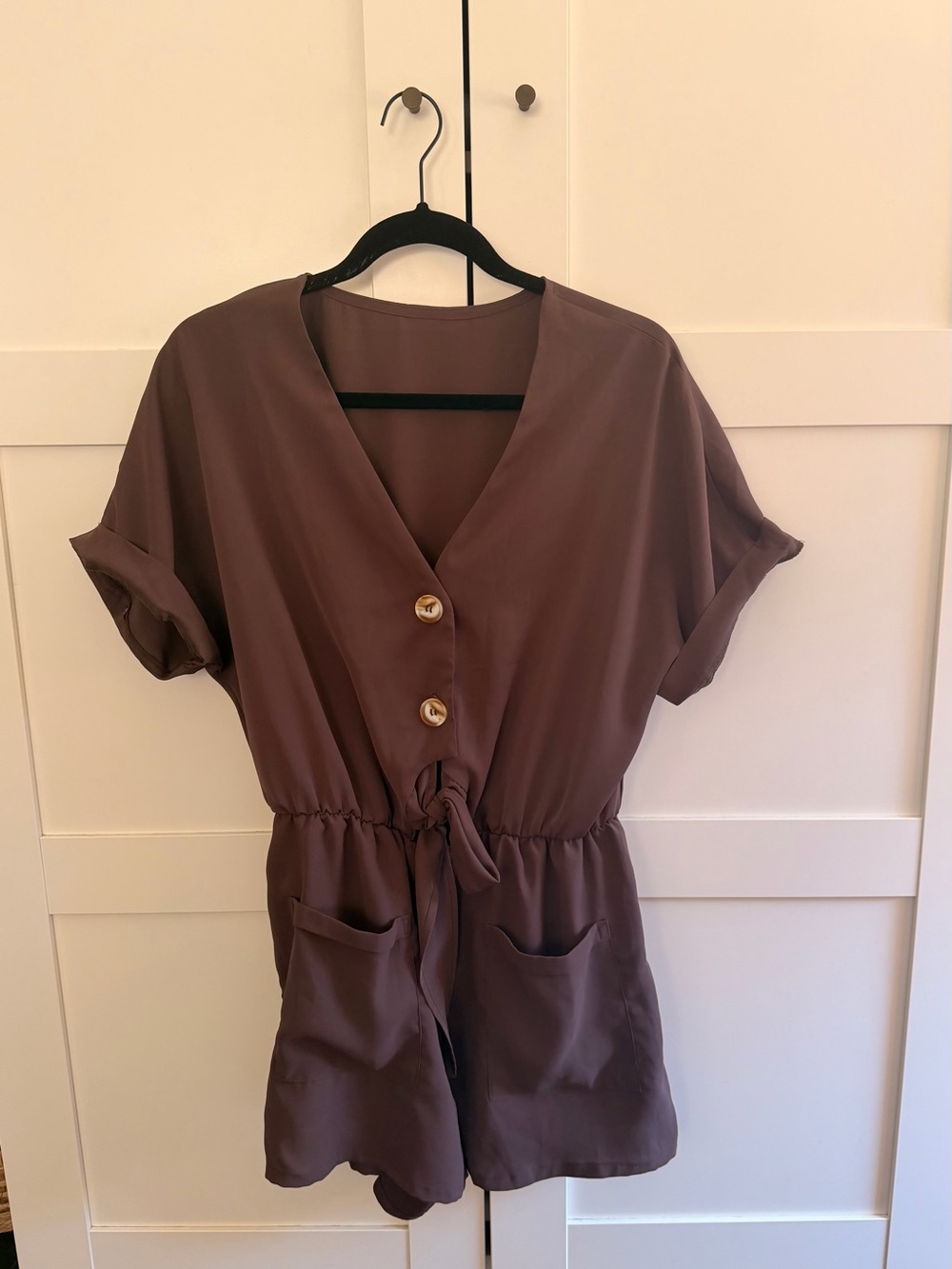 Women's Brown Short Sleeve Romper with Tie Waist